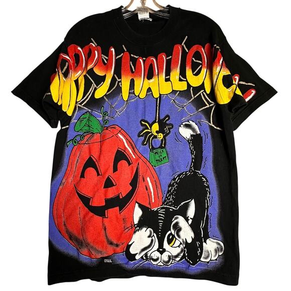 Vtg Halloween Pumpkin Kitty 1996 90s All Over Print T-shirt Unisex Sz L Costume - Picture 6 of 16